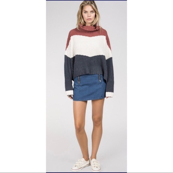 POL clothing size L Sweater soft cozy turtleneck colorblock cable knitting - Picture 2 of 8